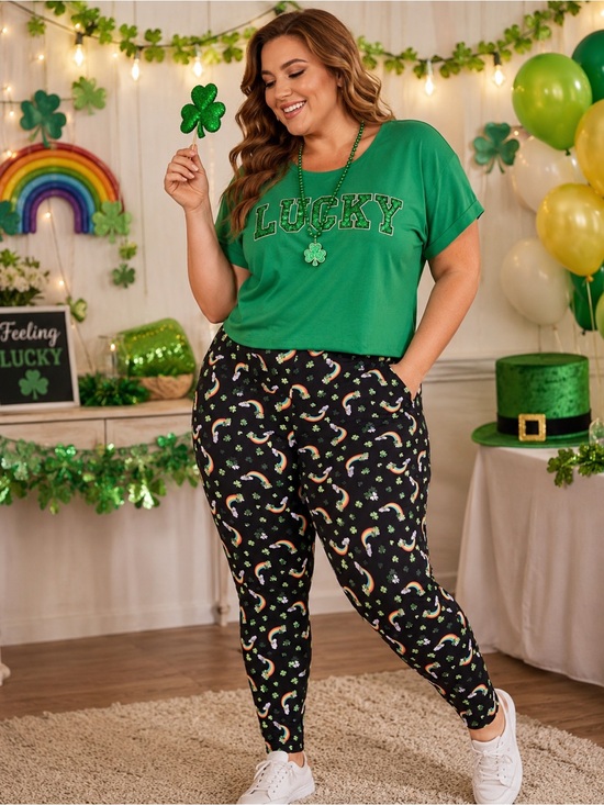 feeling festive Pants - NWT Feeling Festive Black Rainbow Shamrock Leggings